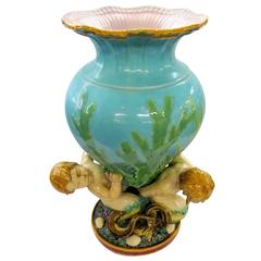 Antique English Minton Majolica Monumental Size Mermen and Coral Figural Vase