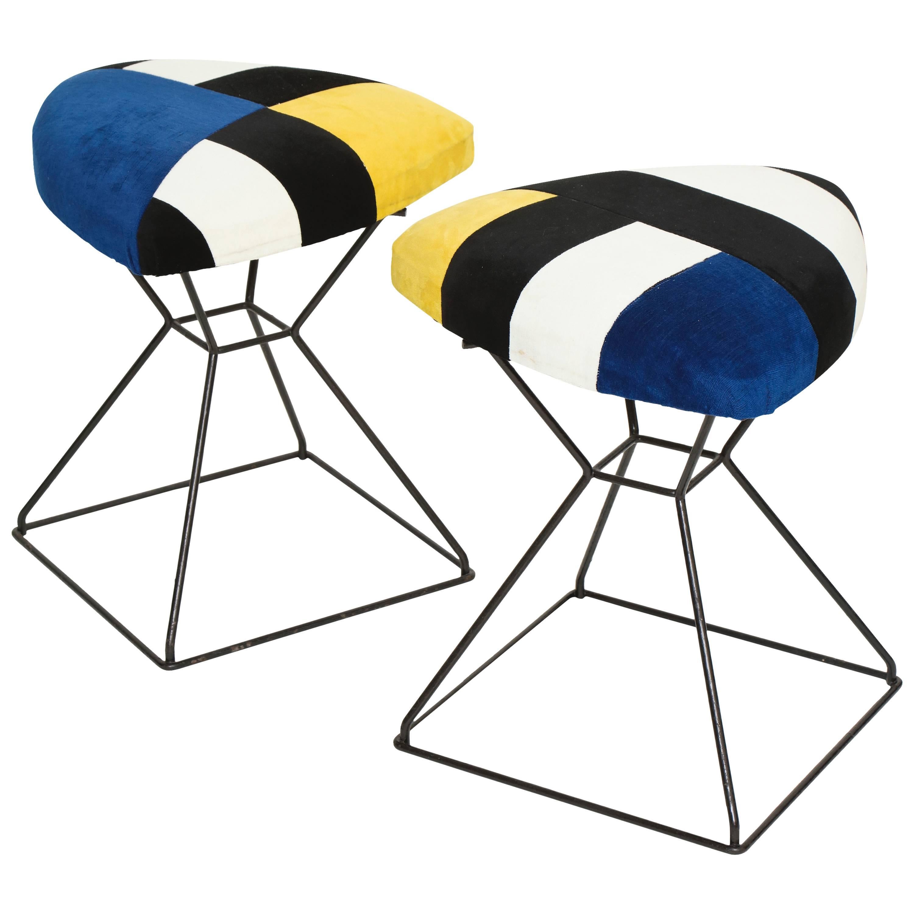 Pair of Metal Frame Base Stools with Custom Cushions For Sale