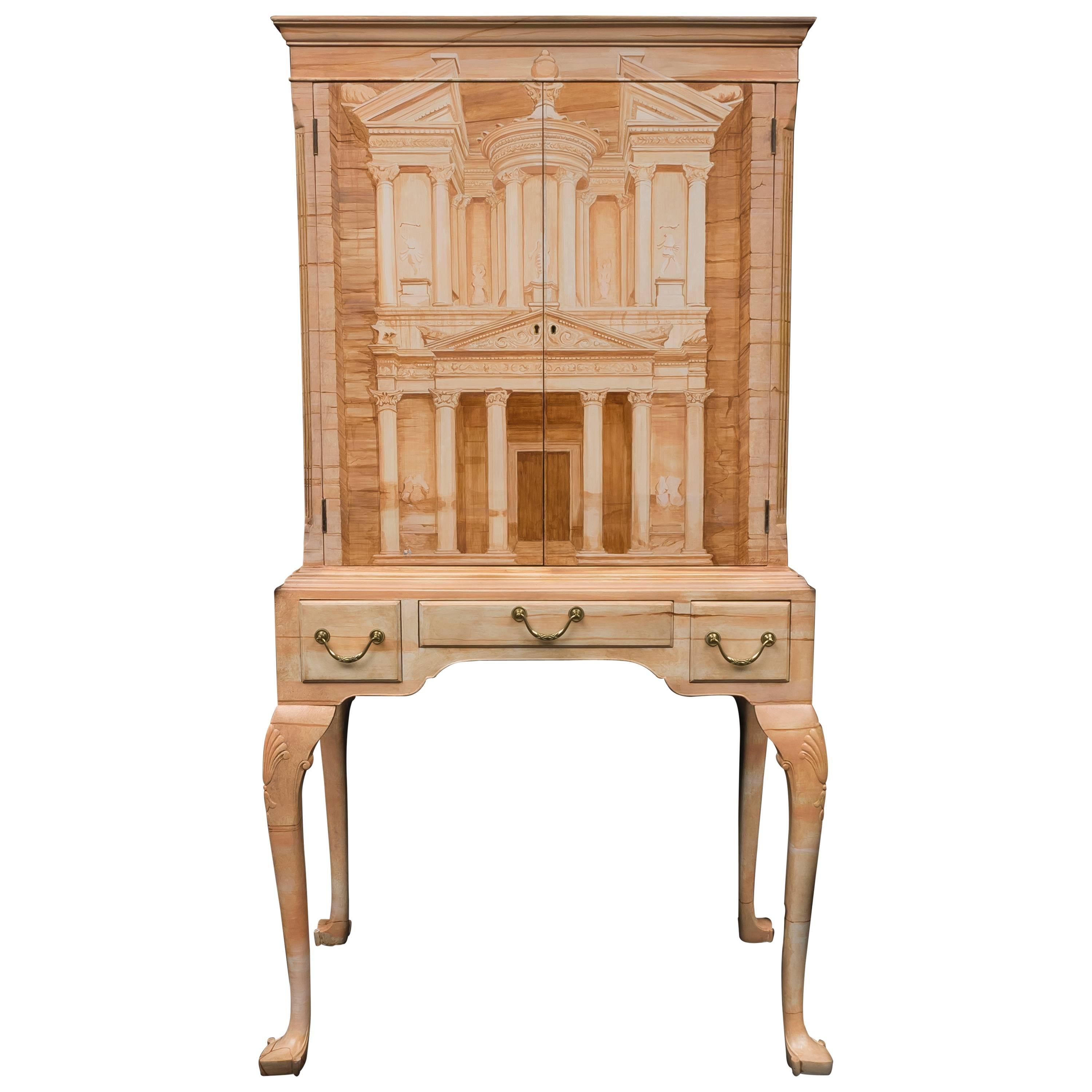 British Cocktail Cabinet, circa 1920 with Petra Hand-Painted by Kensa Designs For Sale