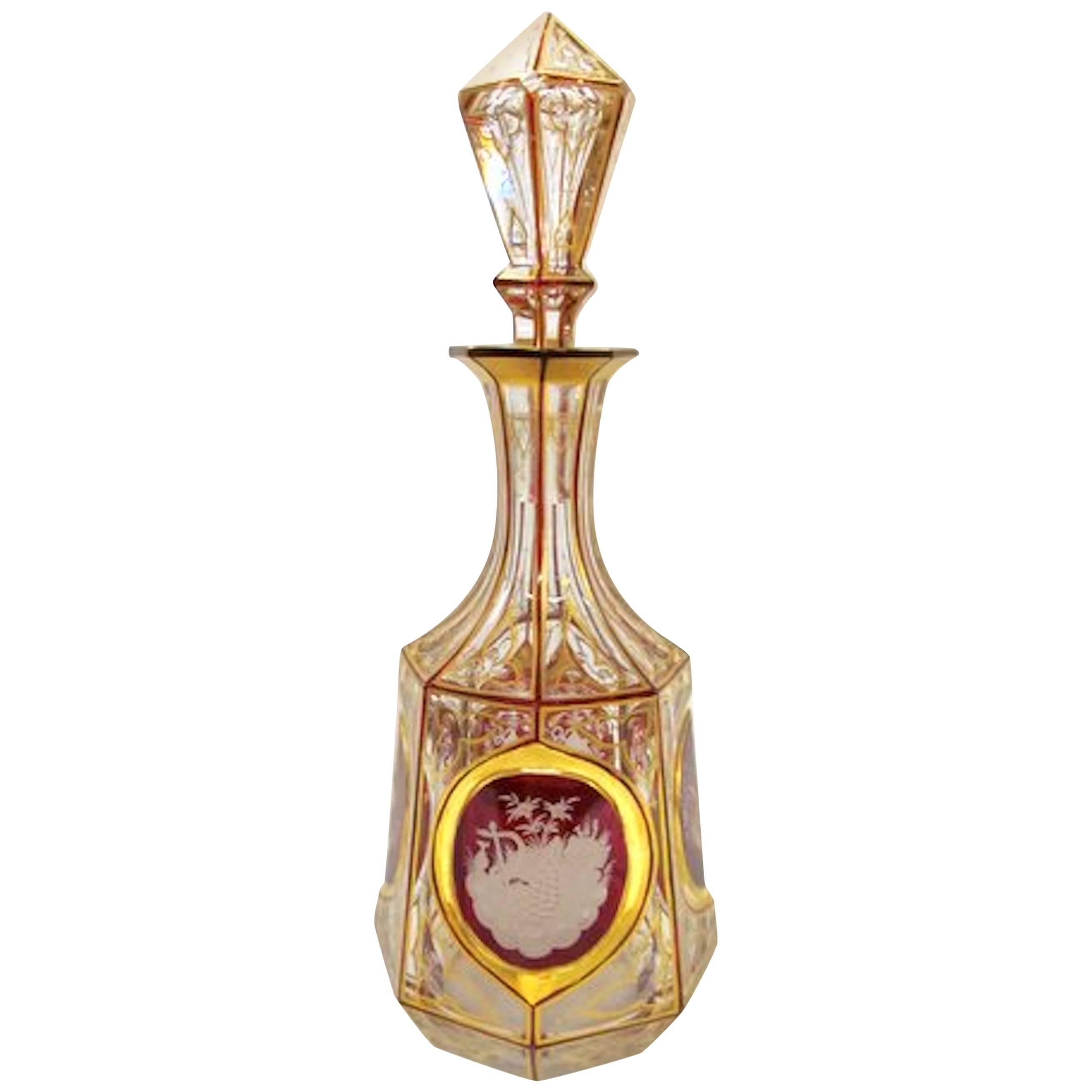 Old 'Moser' Hand-Cut and Engraved Ruby Overlay Ecclesiastical Decanter