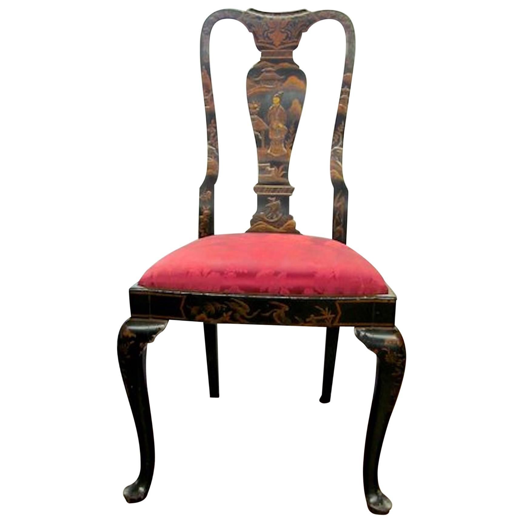 Antique English Chinoiserie Lacquer Beech Queen Anne Style Side Chair