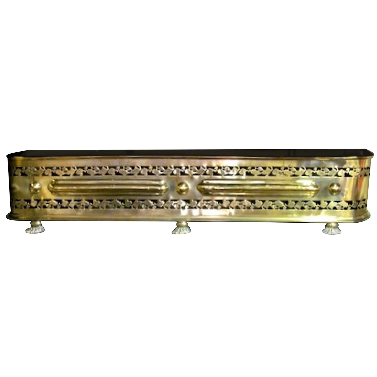 Antique English Pierced Brass III Fireplace Fender For Sale at