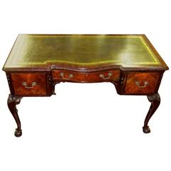 Old English Carved Mahogany Chippendale Style Leather Top Writing Table or Desk