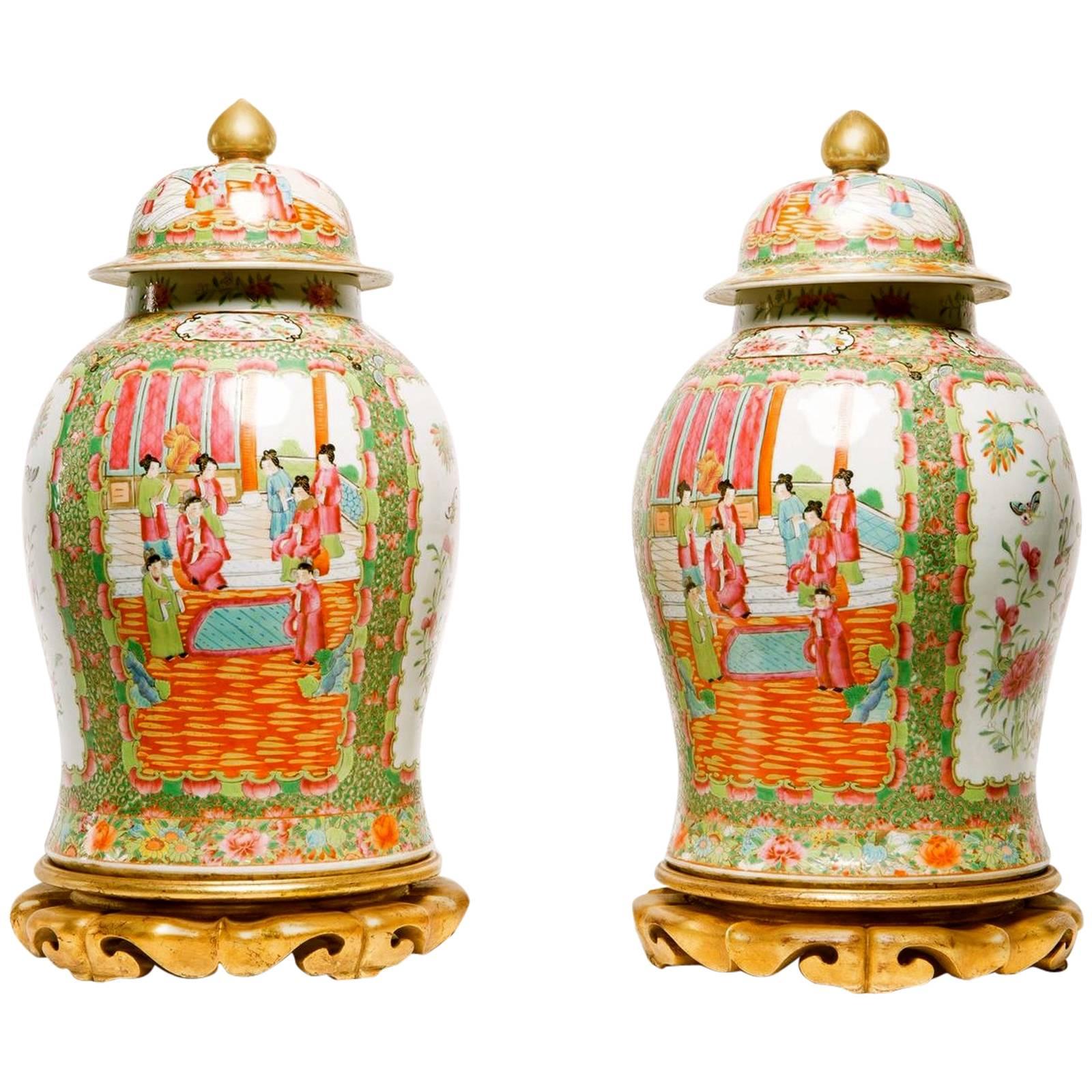Pair of Chinese Rose Medallion Lidded Urns For Sale
