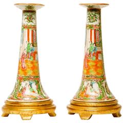 Antique Pair of Chinese Rose Medallion Candlesticks