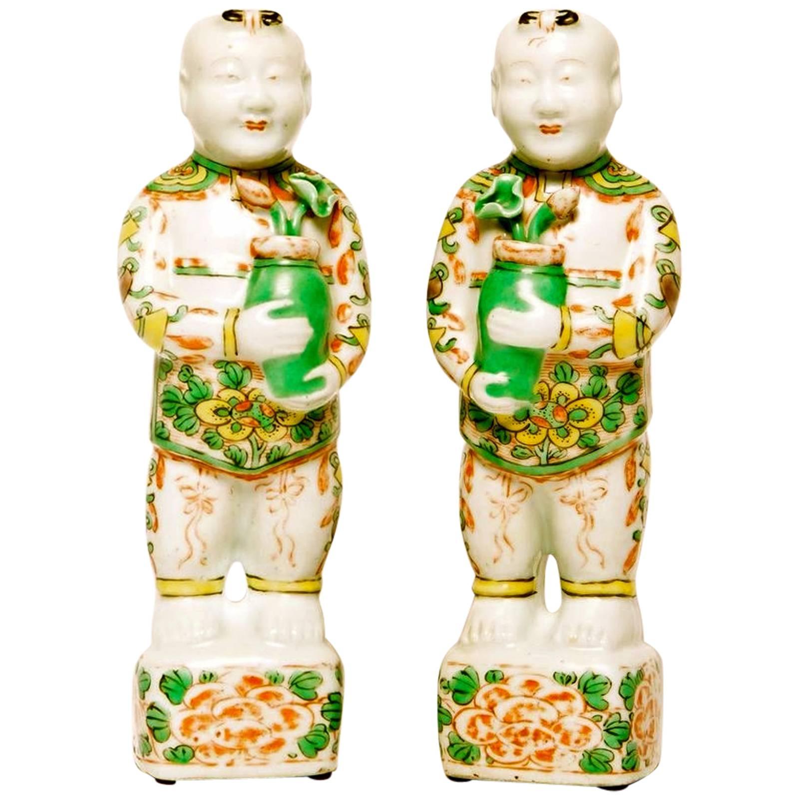 Pair of Chinese Famille Verte Porcelain Hoho Figures For Sale