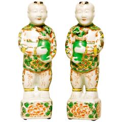Pair of Chinese Famille Verte Porcelain Hoho Figures