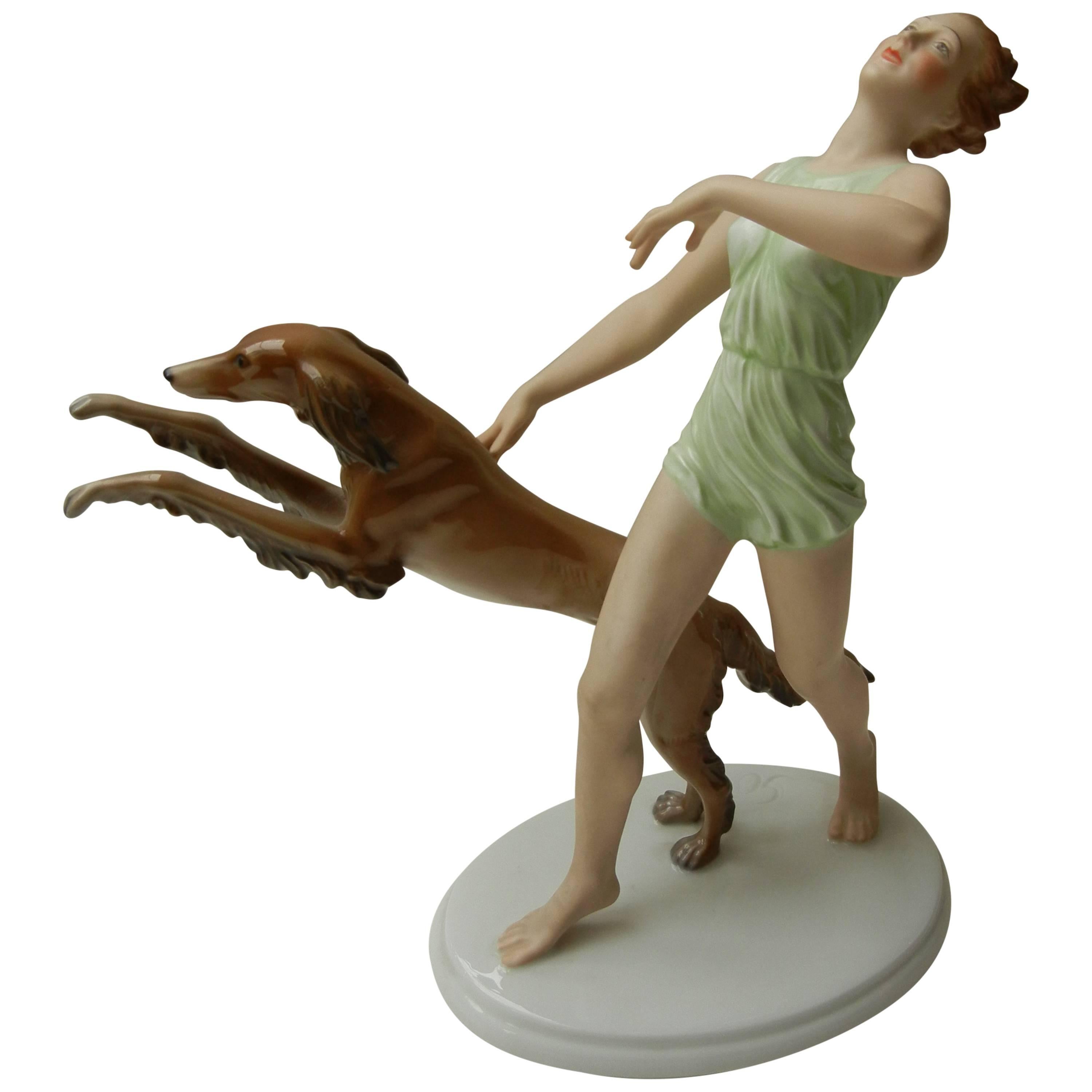 Rosenthal Art Deco Porcelain Running Lady & Saluki Dog Designed by Gustav Oppel For Sale