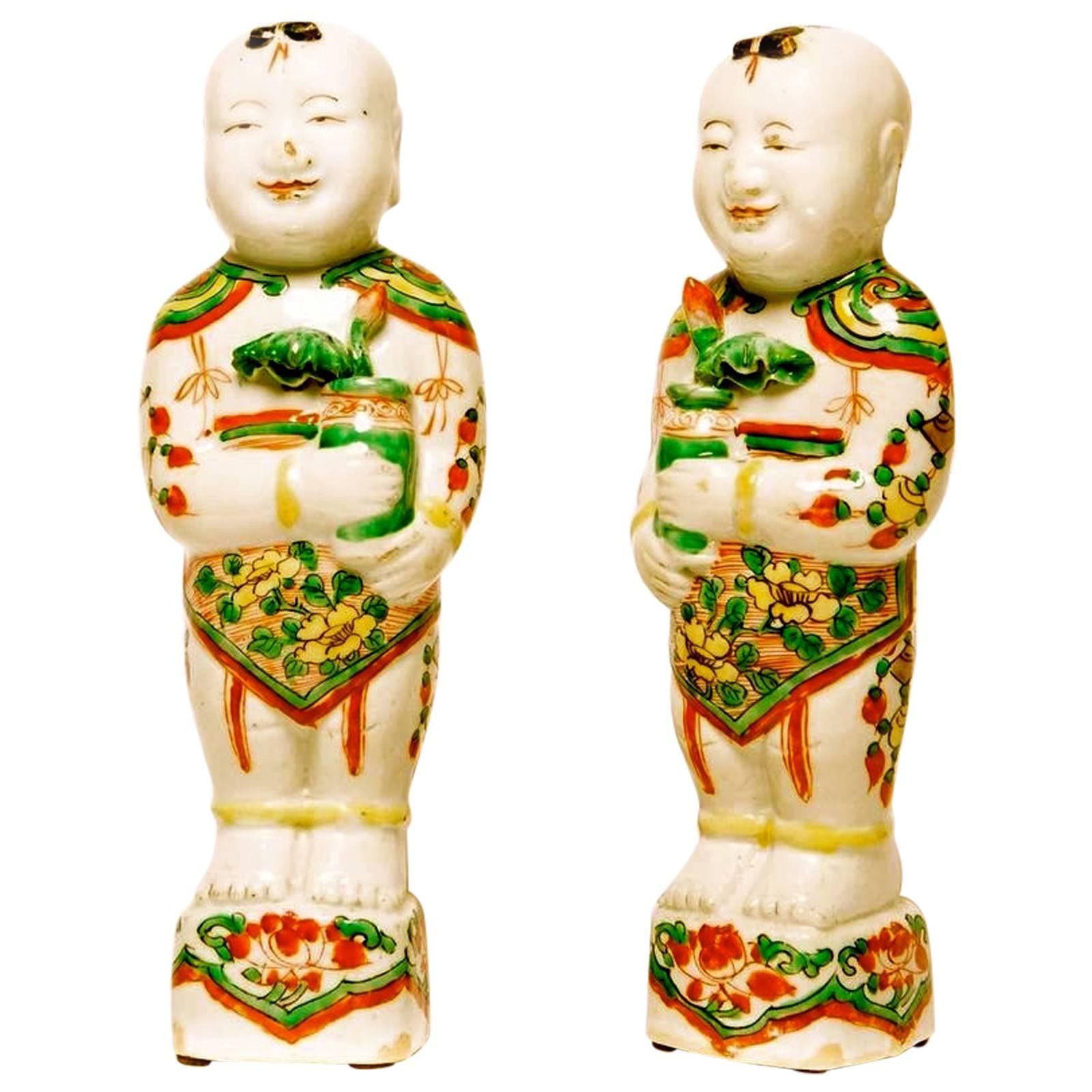 Fine Pair of Chinese Famille Verte Porcelain Hoho Figures For Sale