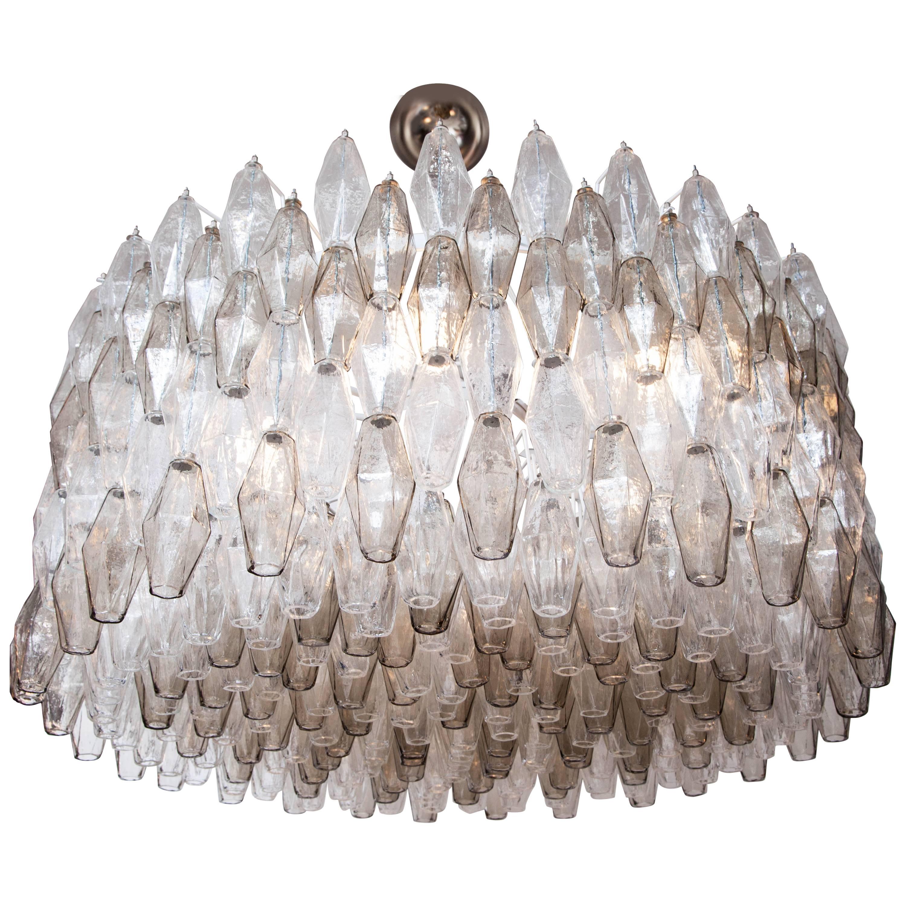 Large Venini Style Clear and Smoked Taupe Polyhedral Murano Glass Chandelier