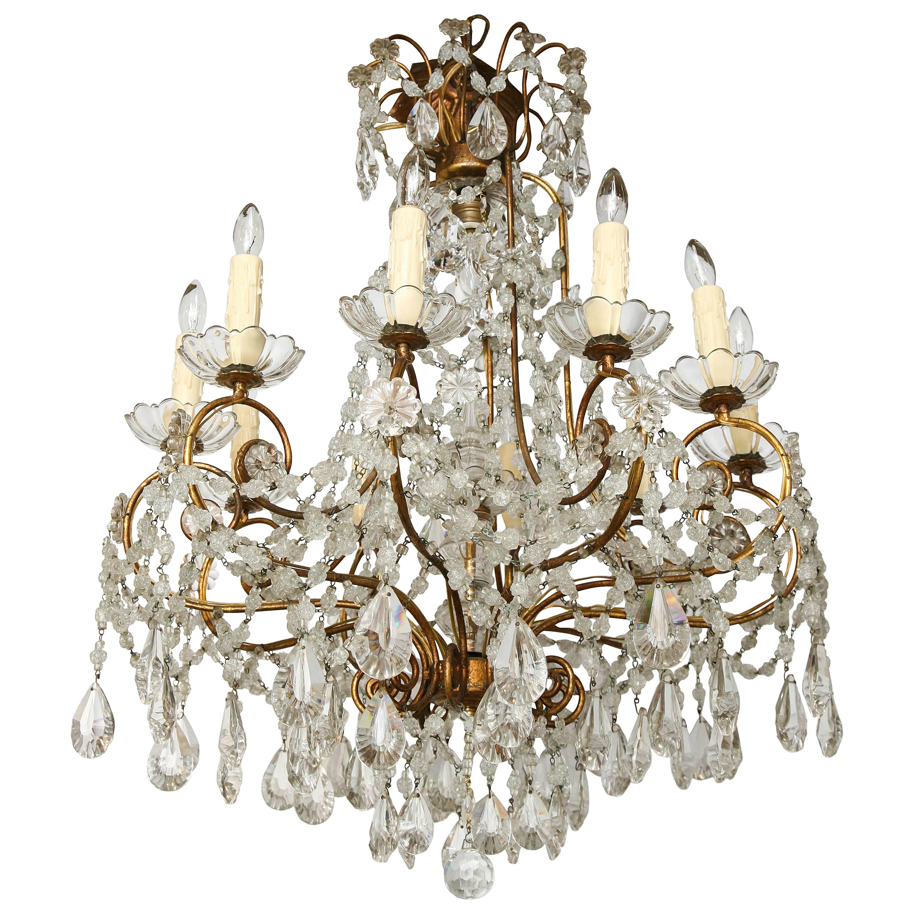 Unusual Ten-Light Gilded Iron Italian Chandelier, Early 20th Century For Sale