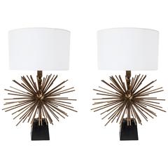 Vintage Pair of Mexican Bronze Starburst Lamps by Arturo Pani