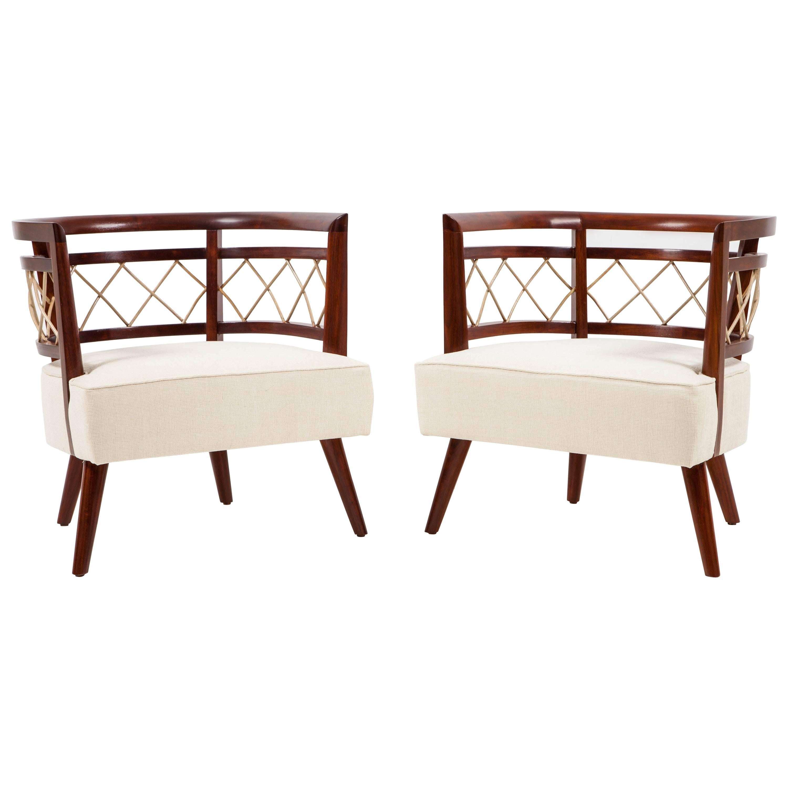 Pair of Italian Walnut Barrel Back Lounge Chairs For Sale
