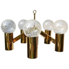 Five-Arm Brass Chandelier with Frosted Glass Ball Shades