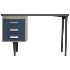 Gispen Grey Industrial Desk with Blue Drawers