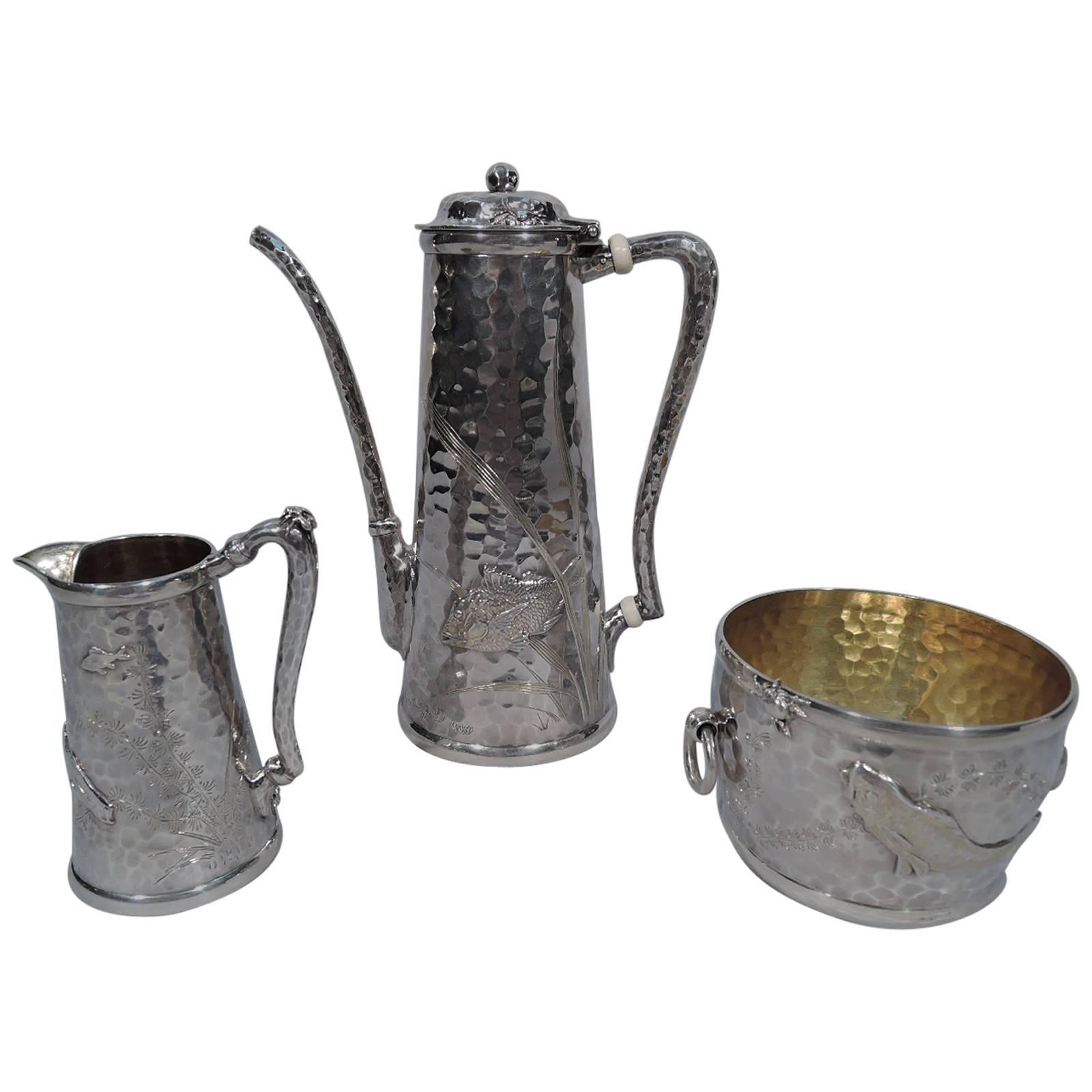 Finest Tiffany Japonesque Hand-Hammered and Applied Silver Coffee Set