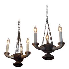 Pair of Italian Carved Wood & Silver Gilt Hanging Chandeliers, Circa 1850