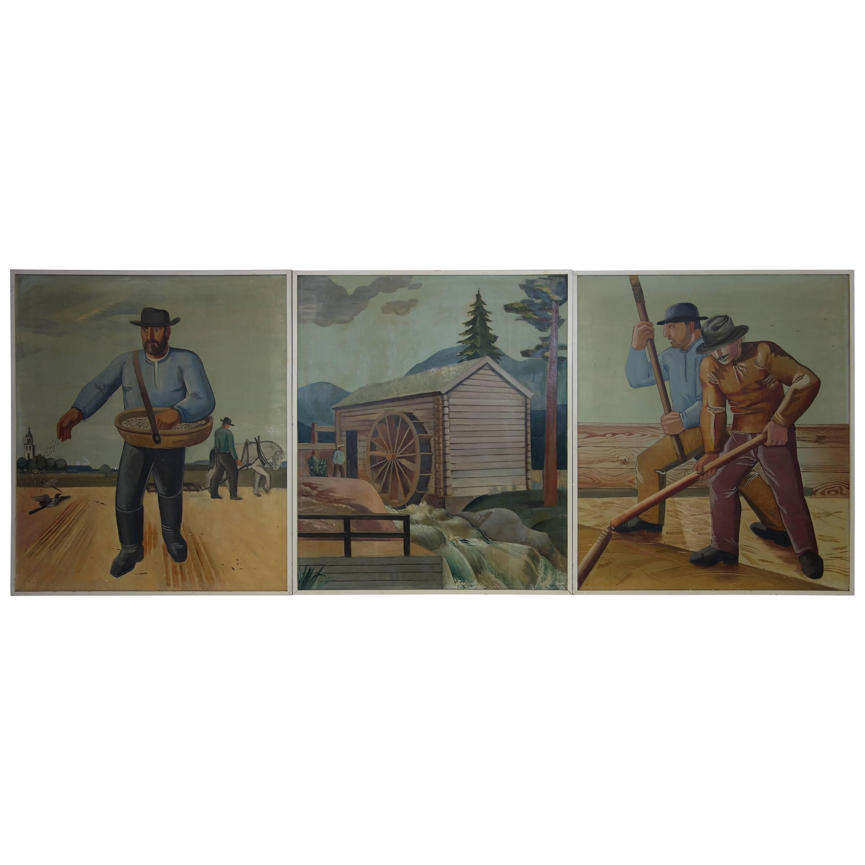 Set of Three Farming Paintings, Oil on Canvas from a Farming Museum in Sweden