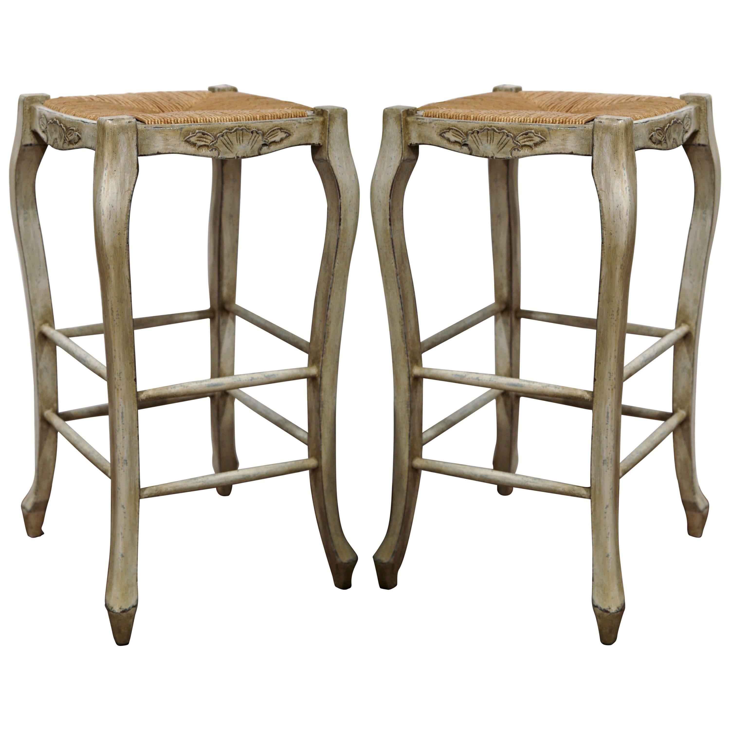 Pair of French Louis XV Carved Painted Bar Stools with Rush Seat