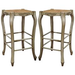 Pair of French Louis XV Carved Painted Bar Stools with Rush Seat
