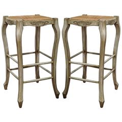 Pair of French Louis XV Carved Painted Bar Stools with Rush Seat