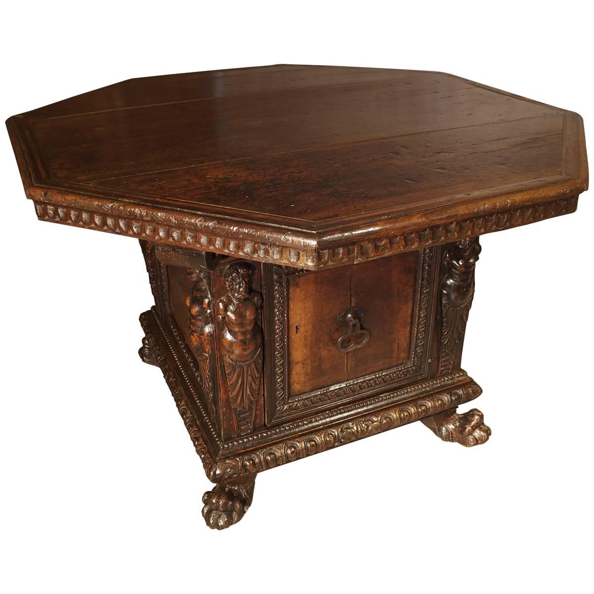 Period High Renaissance Walnut Wood Octagonal Center Table from Northern Italy,