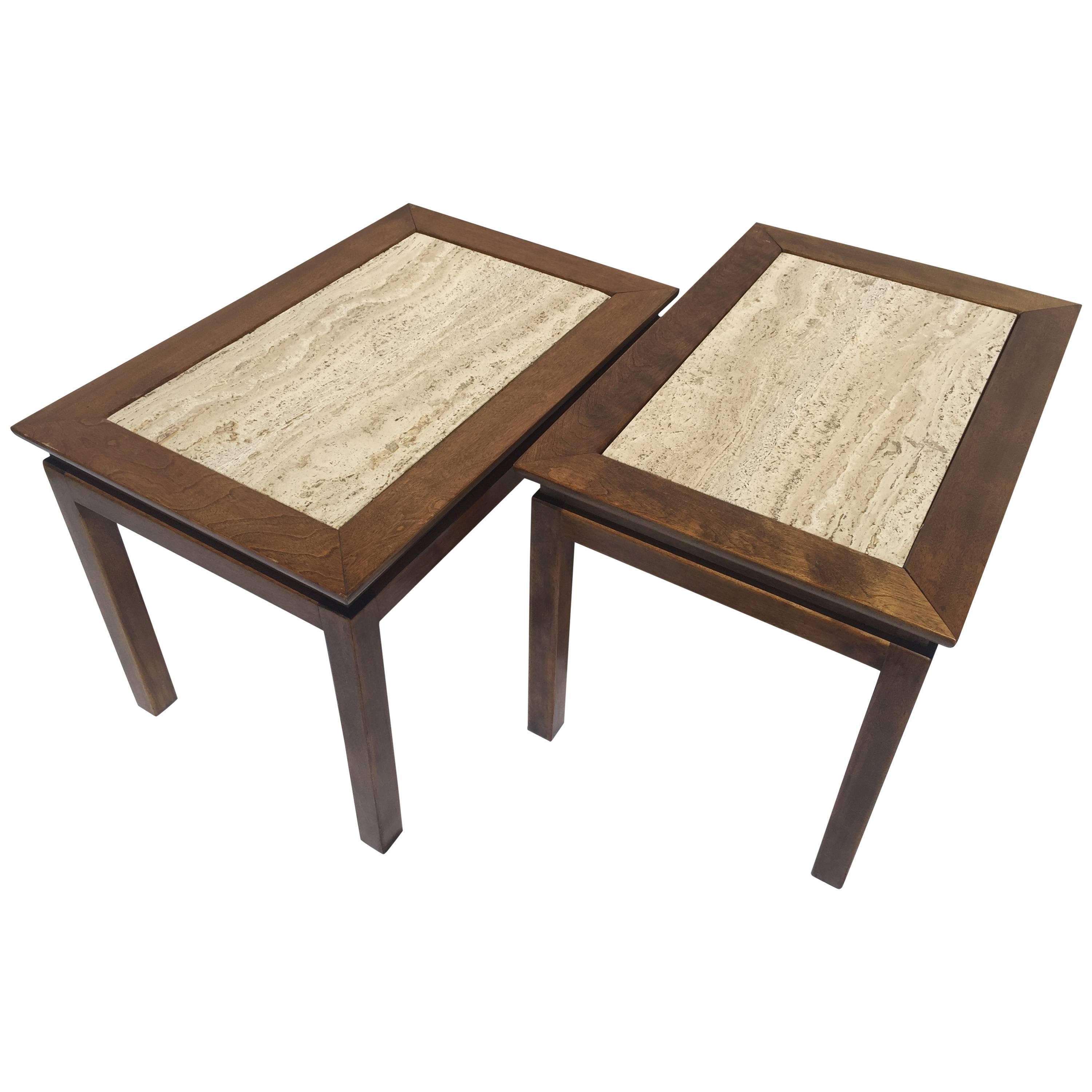 Pair of Mid-Century Travertine Marble and Wood Cal Mode Monteverdi Young Tables