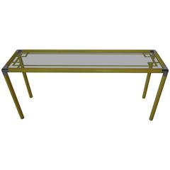 Vintage 1970s Yellow Metal and Glass Console Table