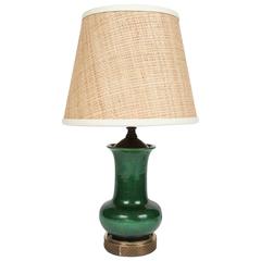 Vintage Green Pottery Table Lamp with Brass Base