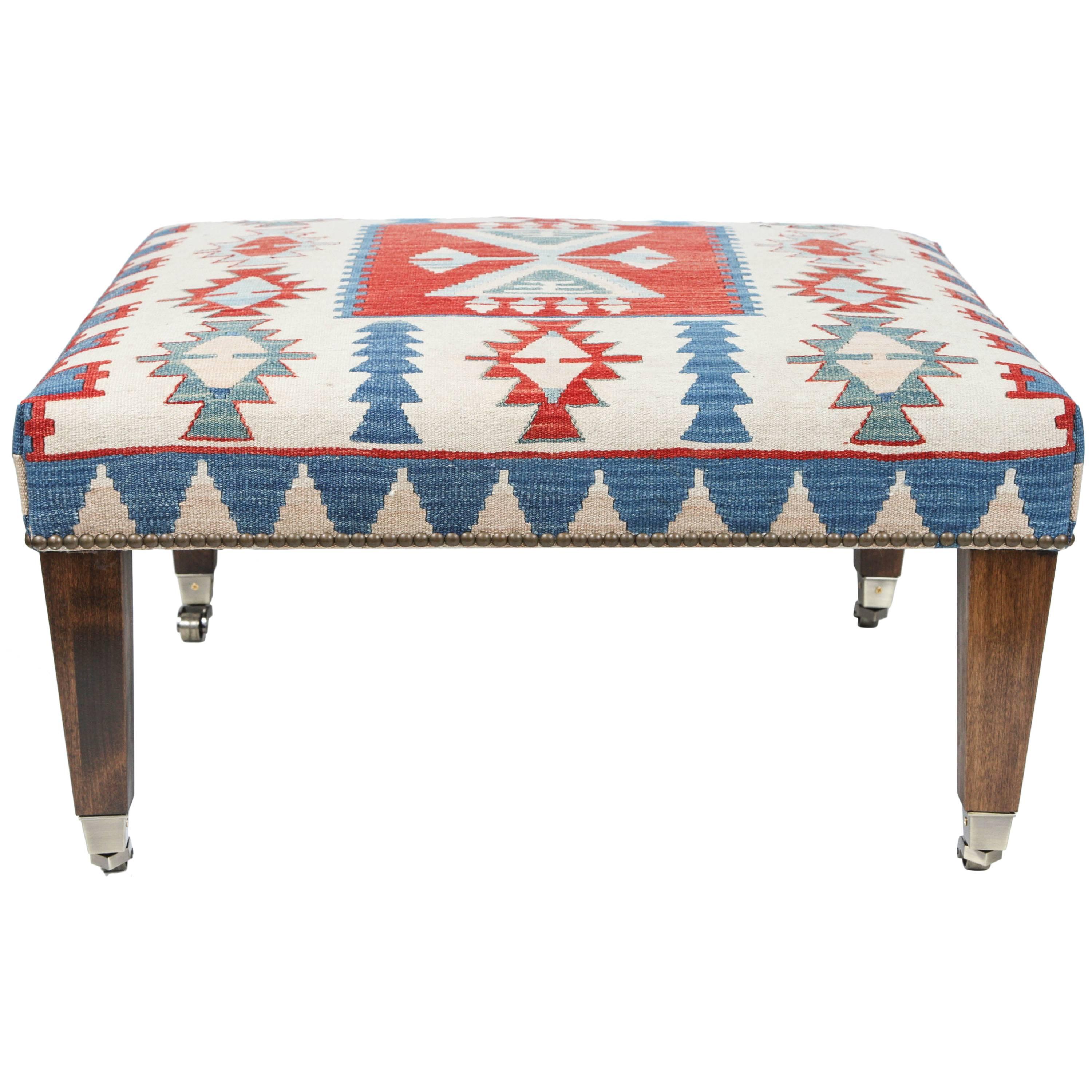 Vintage Kilim Rug Ottoman with Walnut Legs