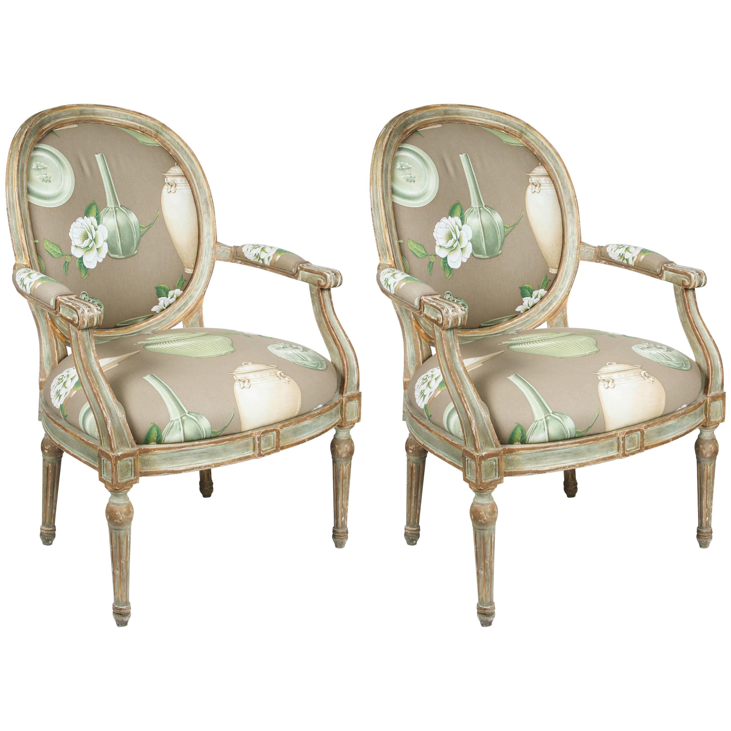 Pair of Louis XVI Style Oval-Back Armchairs