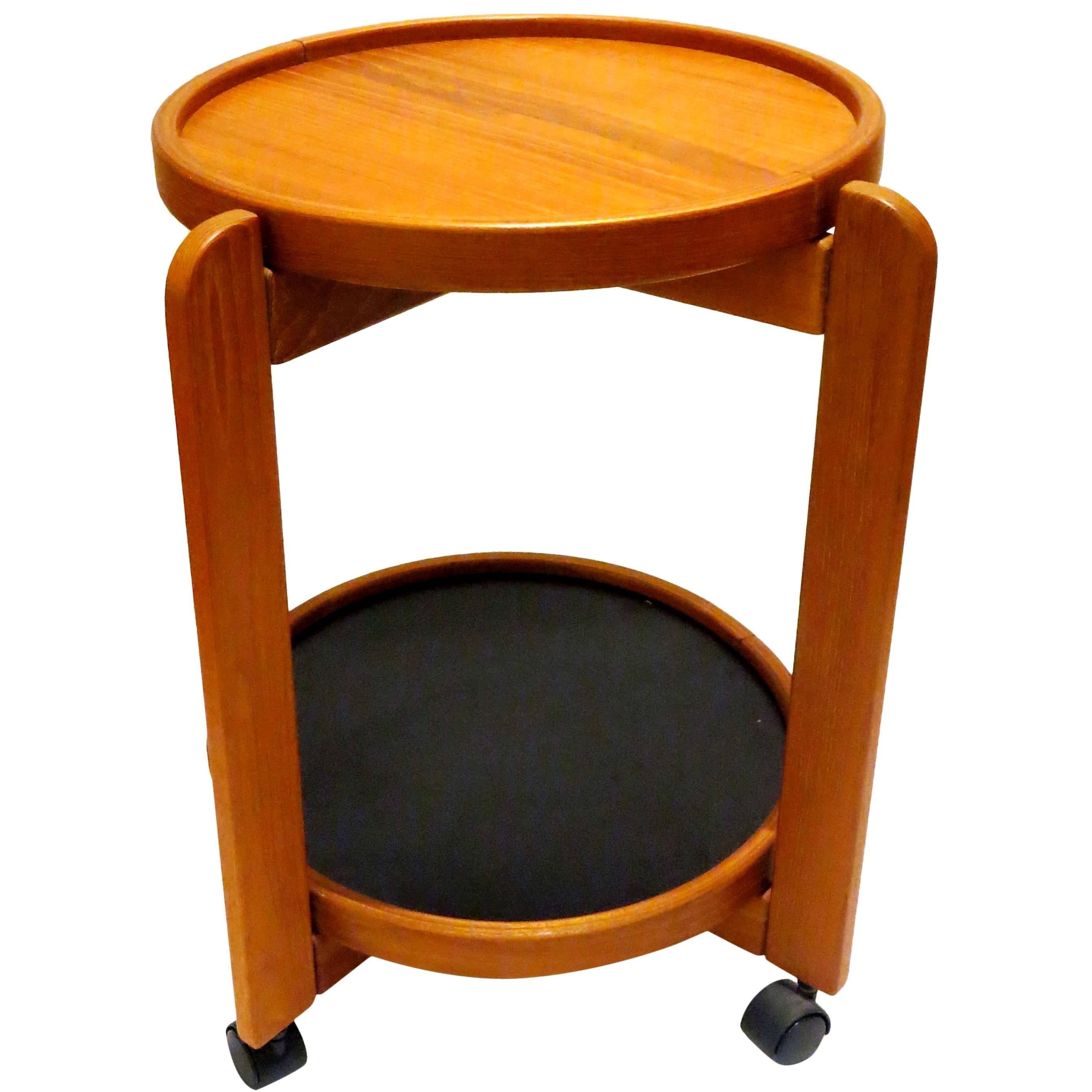 Danish Modern Solid Teak Removable Double Tray Caddy Cart Cocktail Table