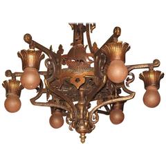 Solid Bronze Spanish Revival Six-Light Chandelier Original Finish and Patina