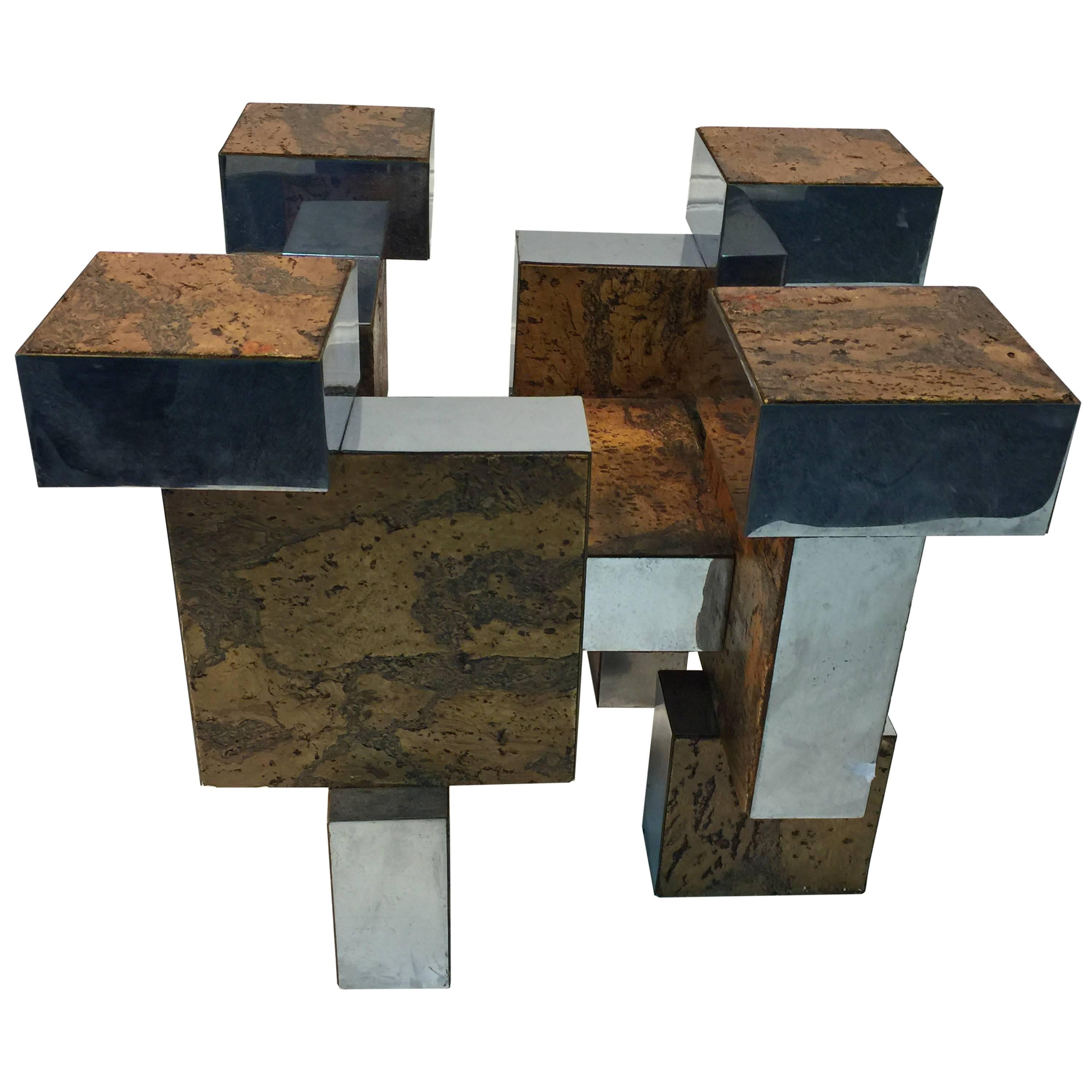 A Brutalist Paul Evans Cityscape burl wood and chrome coffee or cocktail table, circa 1970.

Measures base: 18.5 x 18 x 16 H.
Glass: 24 x 24..