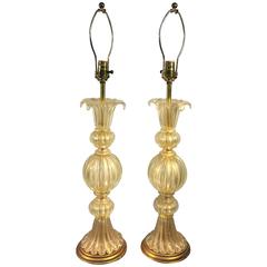 Pair of Murano Glass Table Lamps by Seguso Rich with Gold Flakes