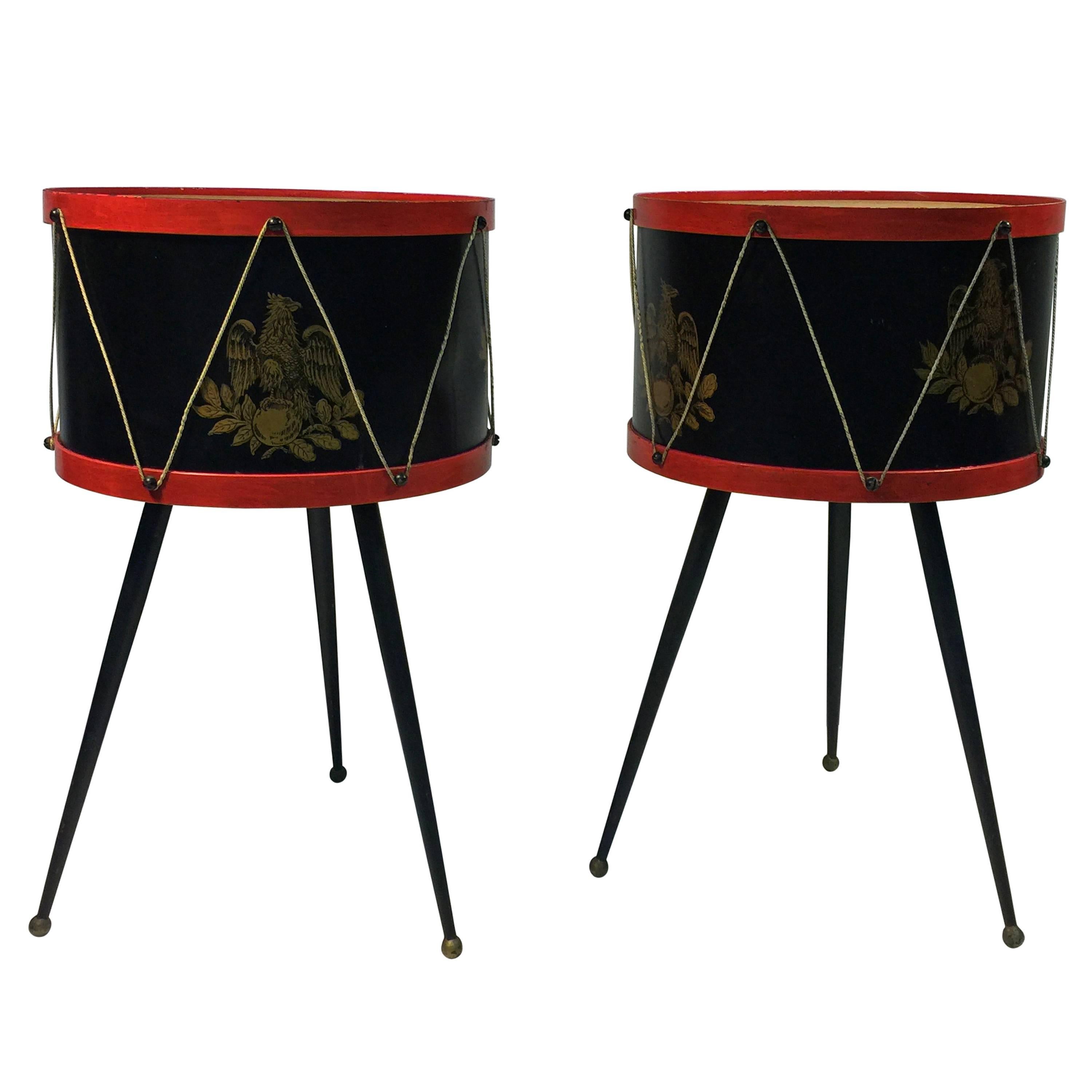 Fantastic Pair of Mid Century Drum Tole Side Tables Attributed to Fornasetti For Sale
