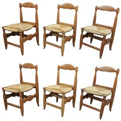 Set of Six Dining Oak and Rush Chairs and by Guillerme & Chambron, France
