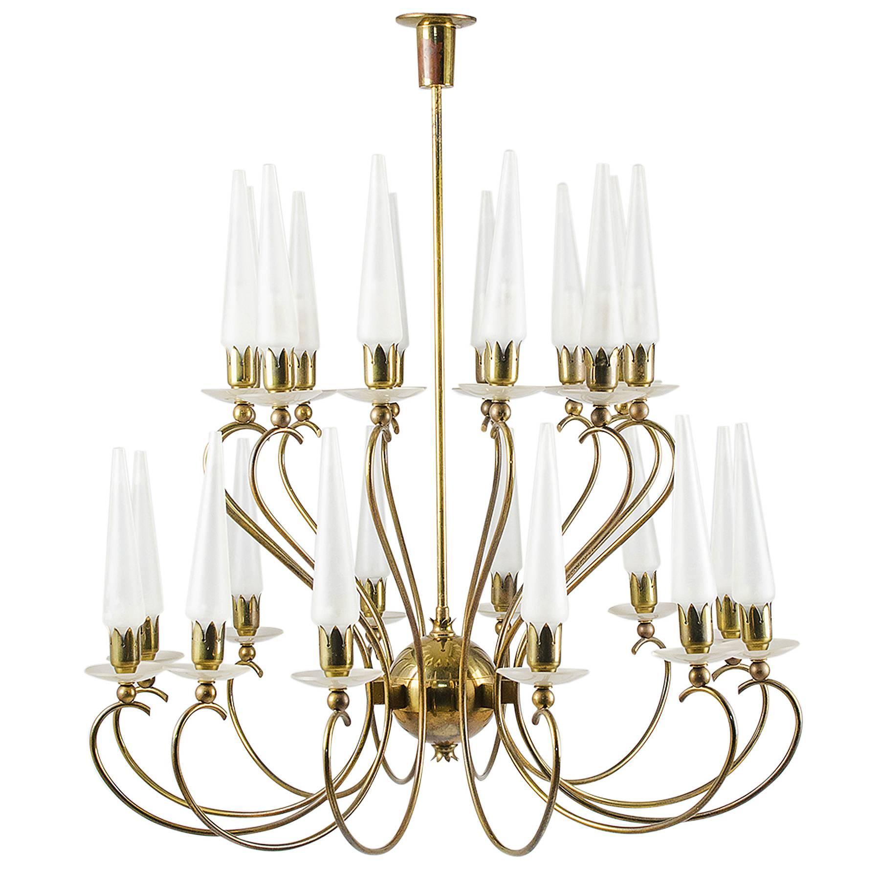 Large and Rare Angelo Lelli for Arredoluce Glass Candle Chandelier, 1950