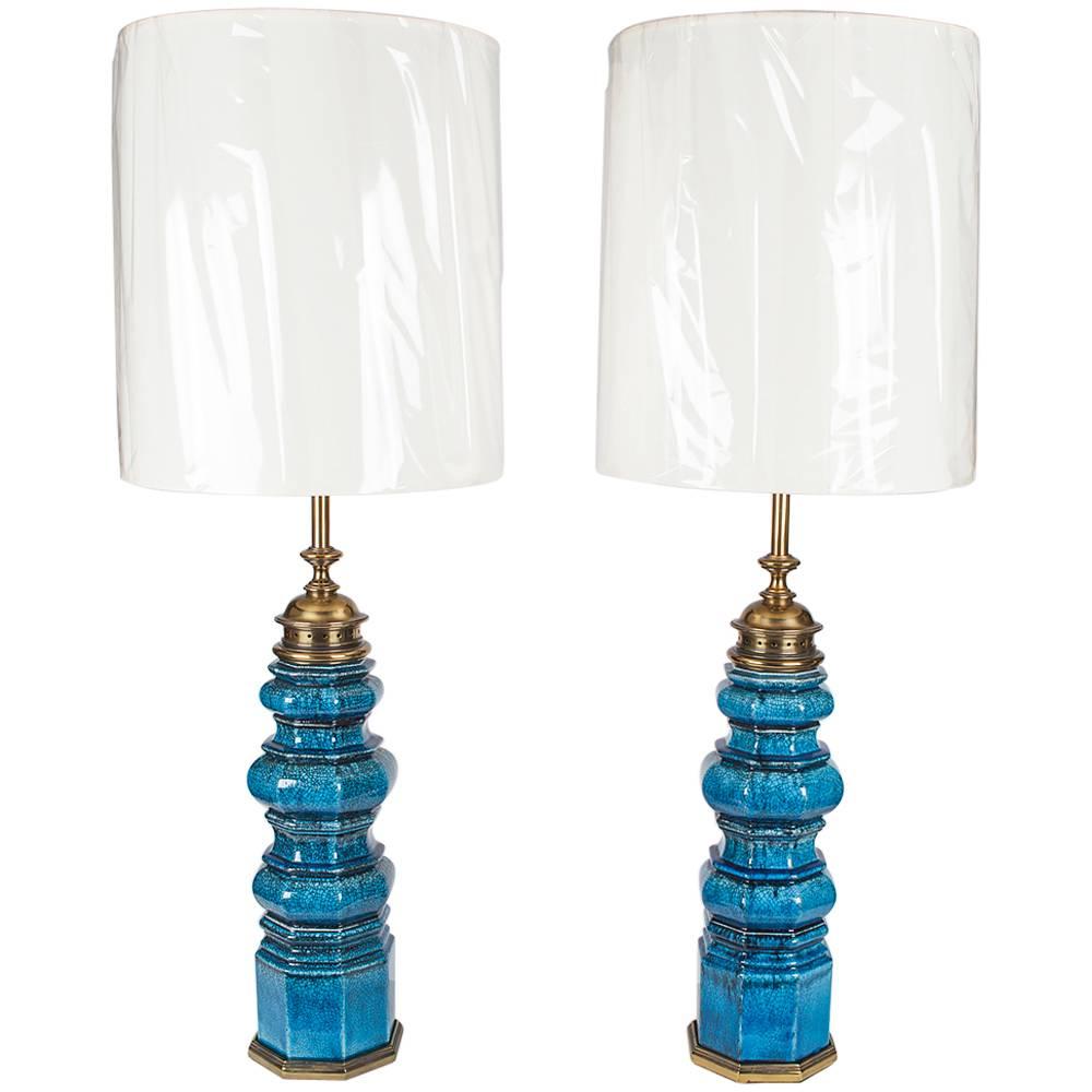 Pair of Monumental Ceramic and Brass Lamps by Stiffel