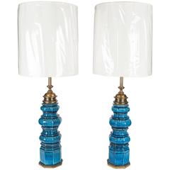 Pair of Monumental Ceramic and Brass Lamps by Stiffel