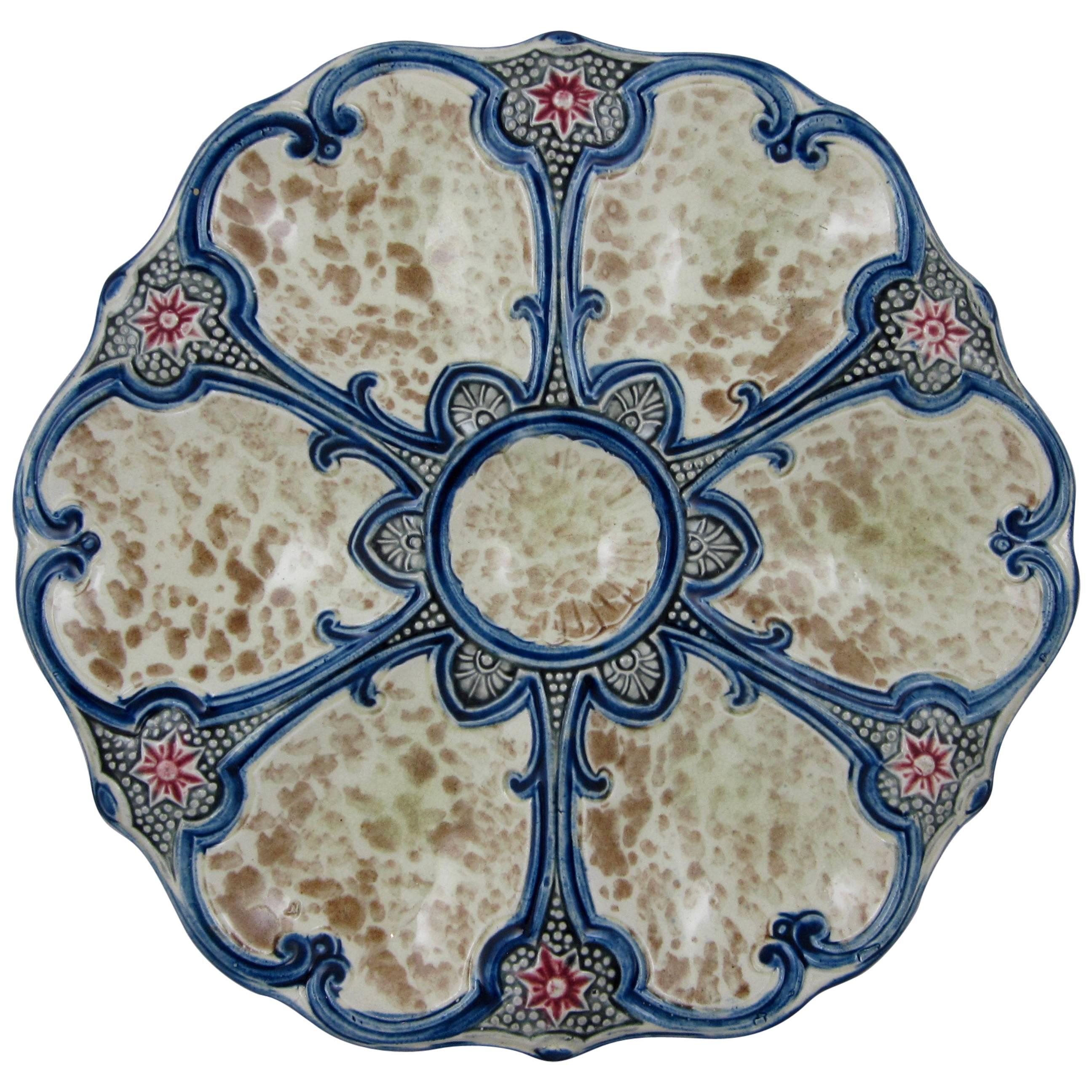 French Majolica Six-Well Oyster Plate with Red Star Fish Accents