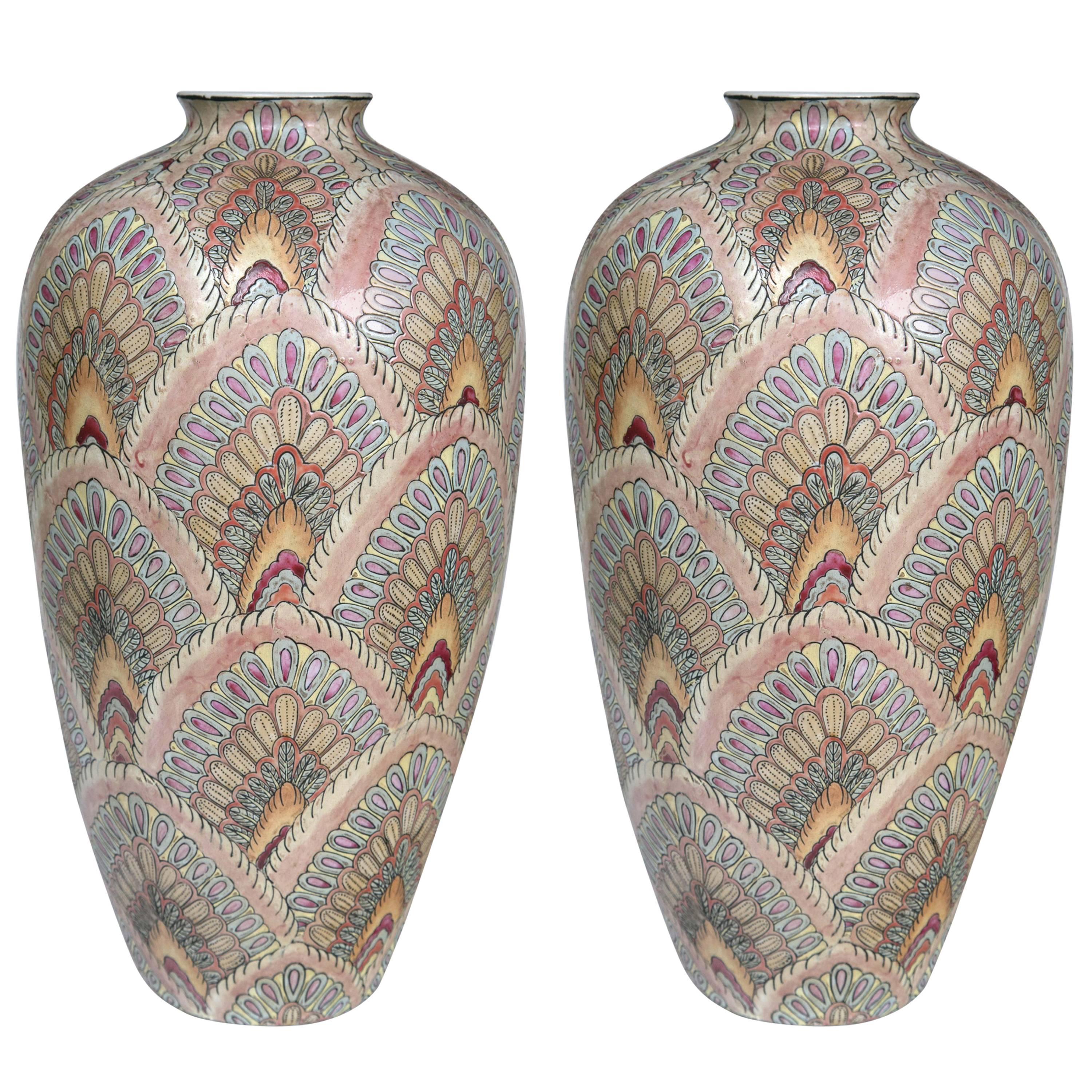 Pair of Asian Deco Style Porcelain Vases
