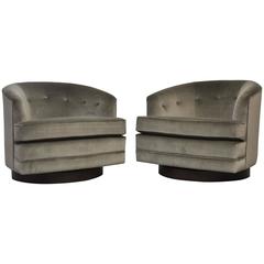 Milo Baughman Swivel Chairs in Grey Velvet
