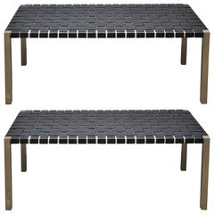 Pair of Steel and Leather Strap Benches 1