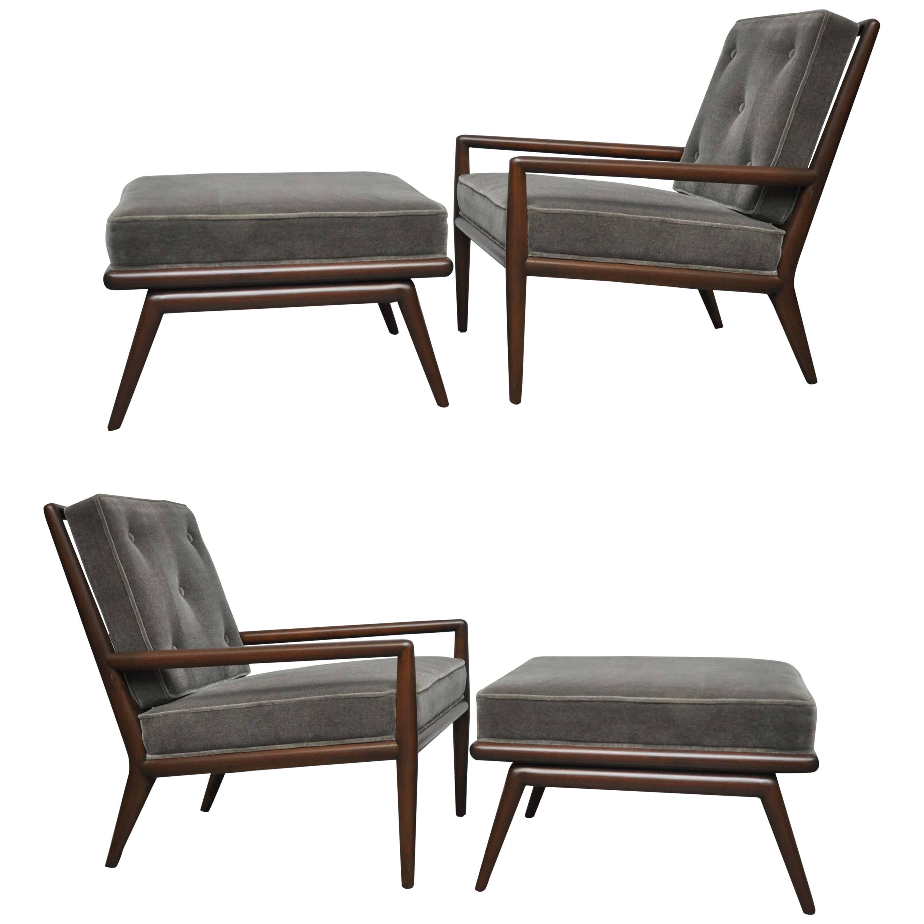T.H. Robsjohn-Gibbings Lounge Chairs with Ottomans