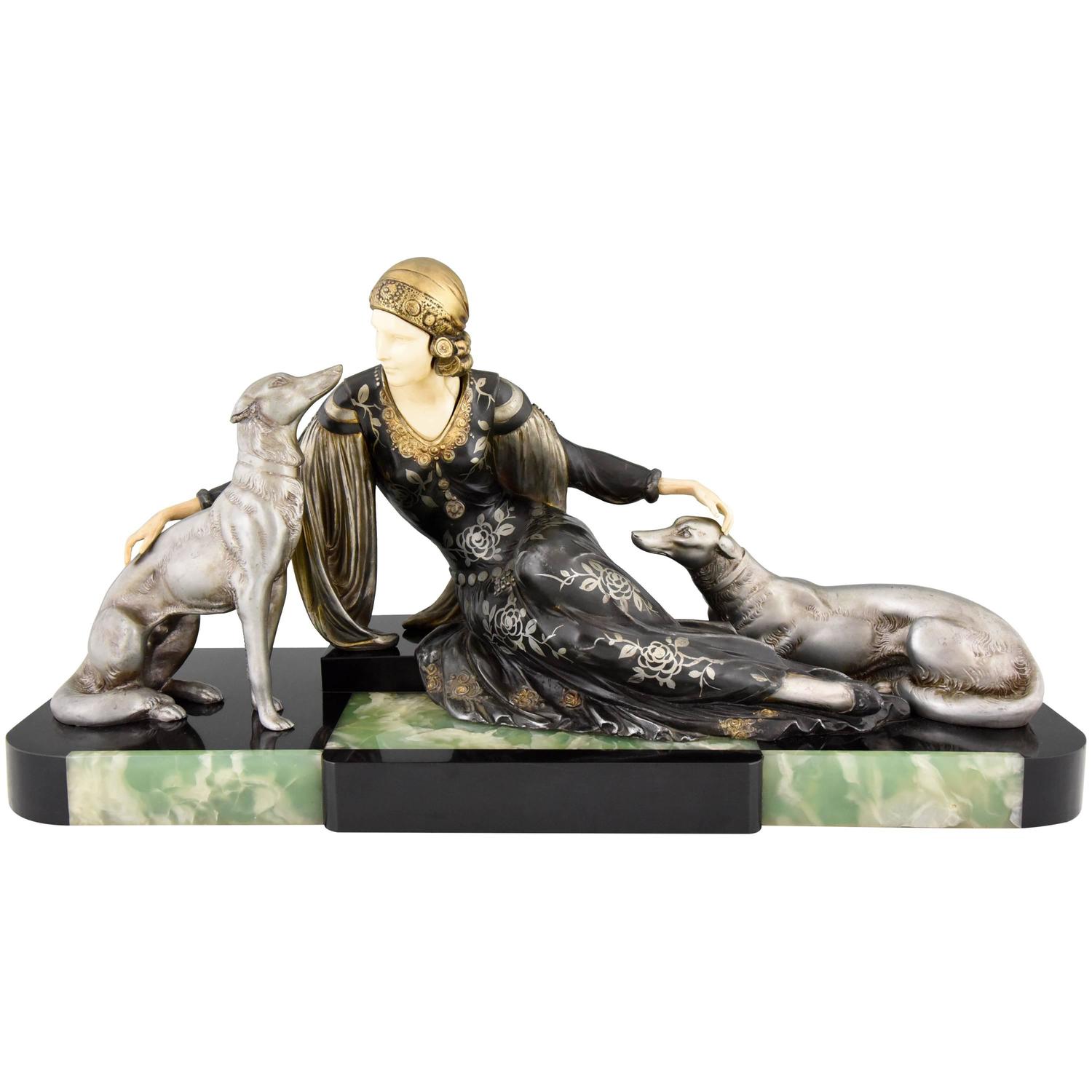 French Art Deco Sculpture of Lady with Dogs by Menneville, 1930 at 1stdibs