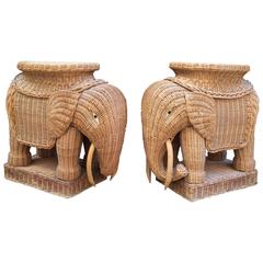 Vintage Pair of Wicker and Bamboo Garden Stool Elephants