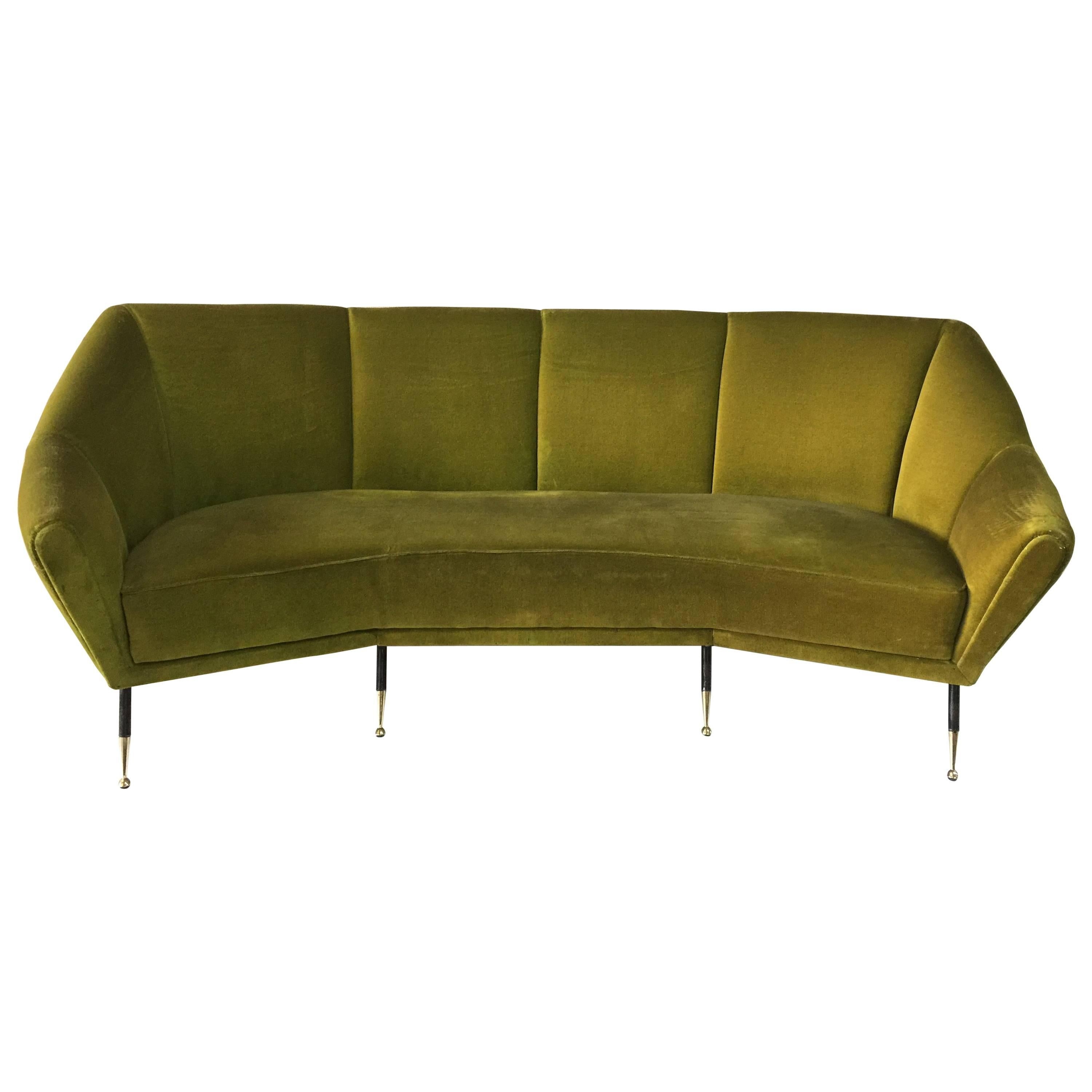 Vintage Green Velvet Geometrical-Shaped Italian Sofa