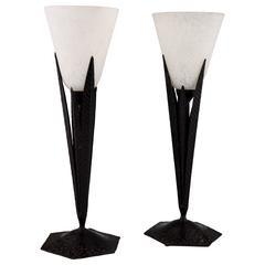 Vintage Pair of Art Deco Schneider Lamps on Wrought Iron Base, 1924