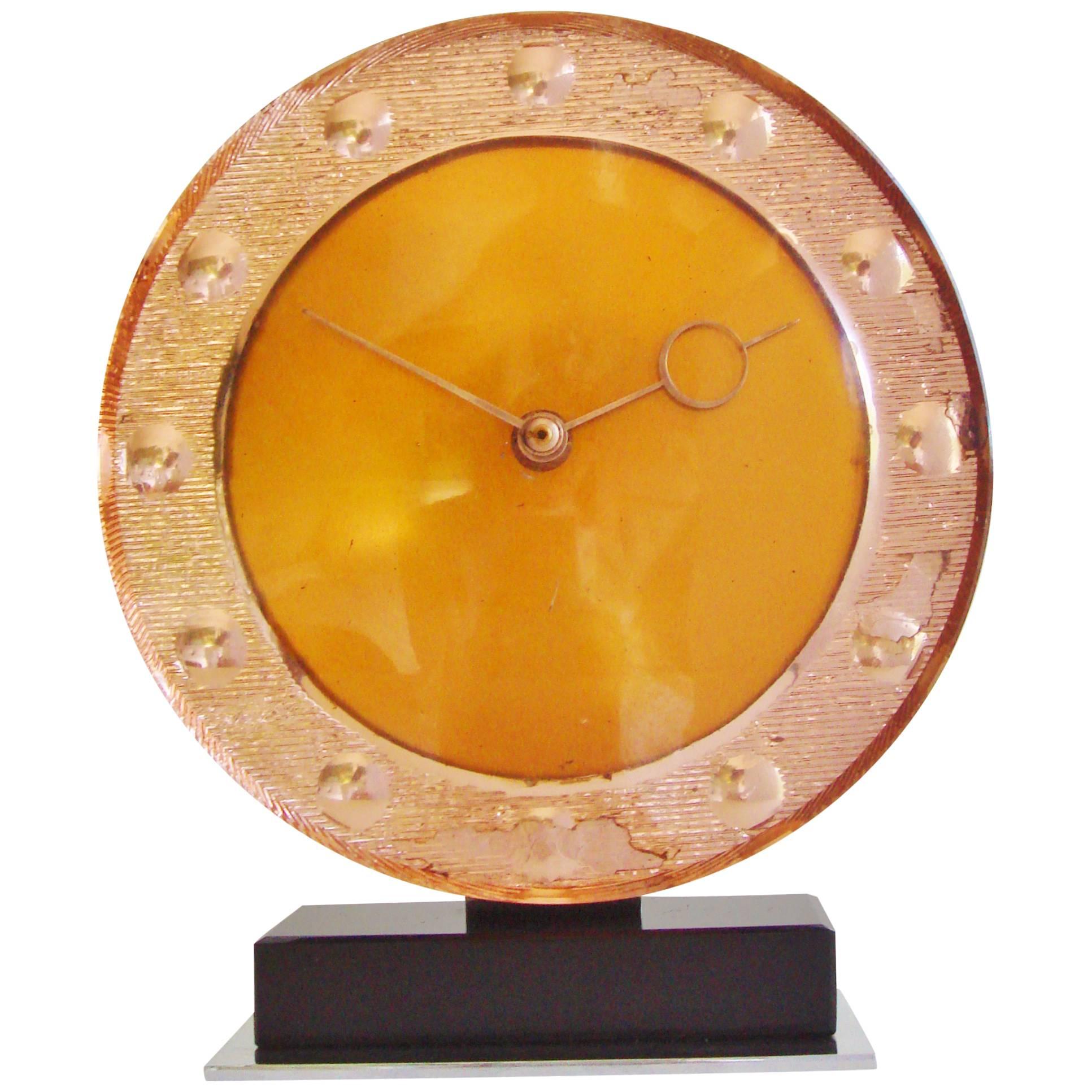 English Art Deco Peach Mirror, Chrome, Copper & Vitrolite Mechanical Table Clock For Sale